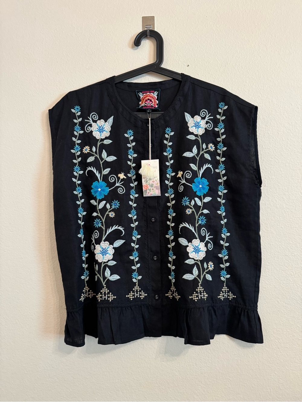 Johnny Was Jaanvi Peplum Cap Sleeve Blouse 100% Linen Top Black Large